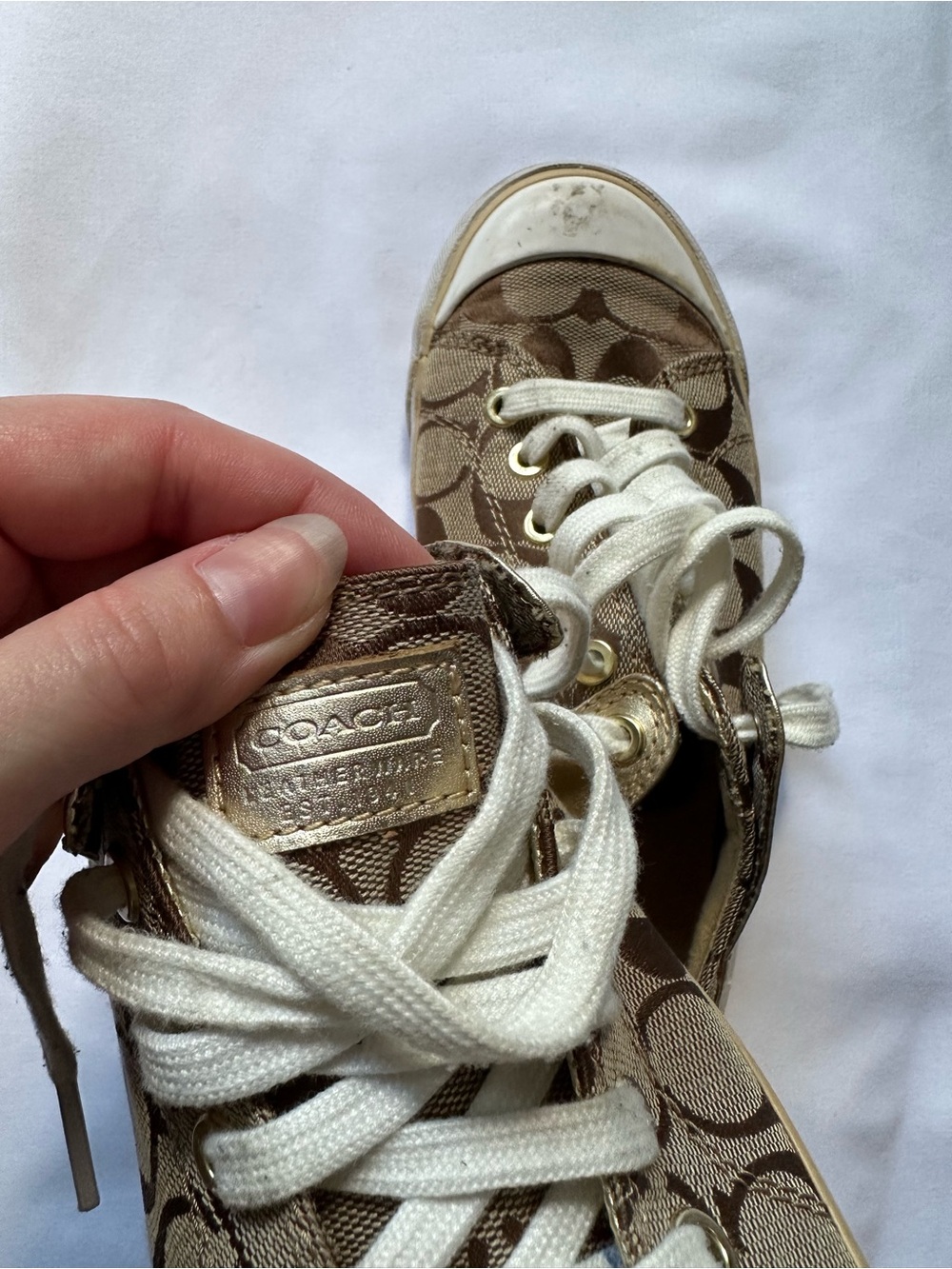 Coach Kids Signature Canvas Sneaker in Brown and White